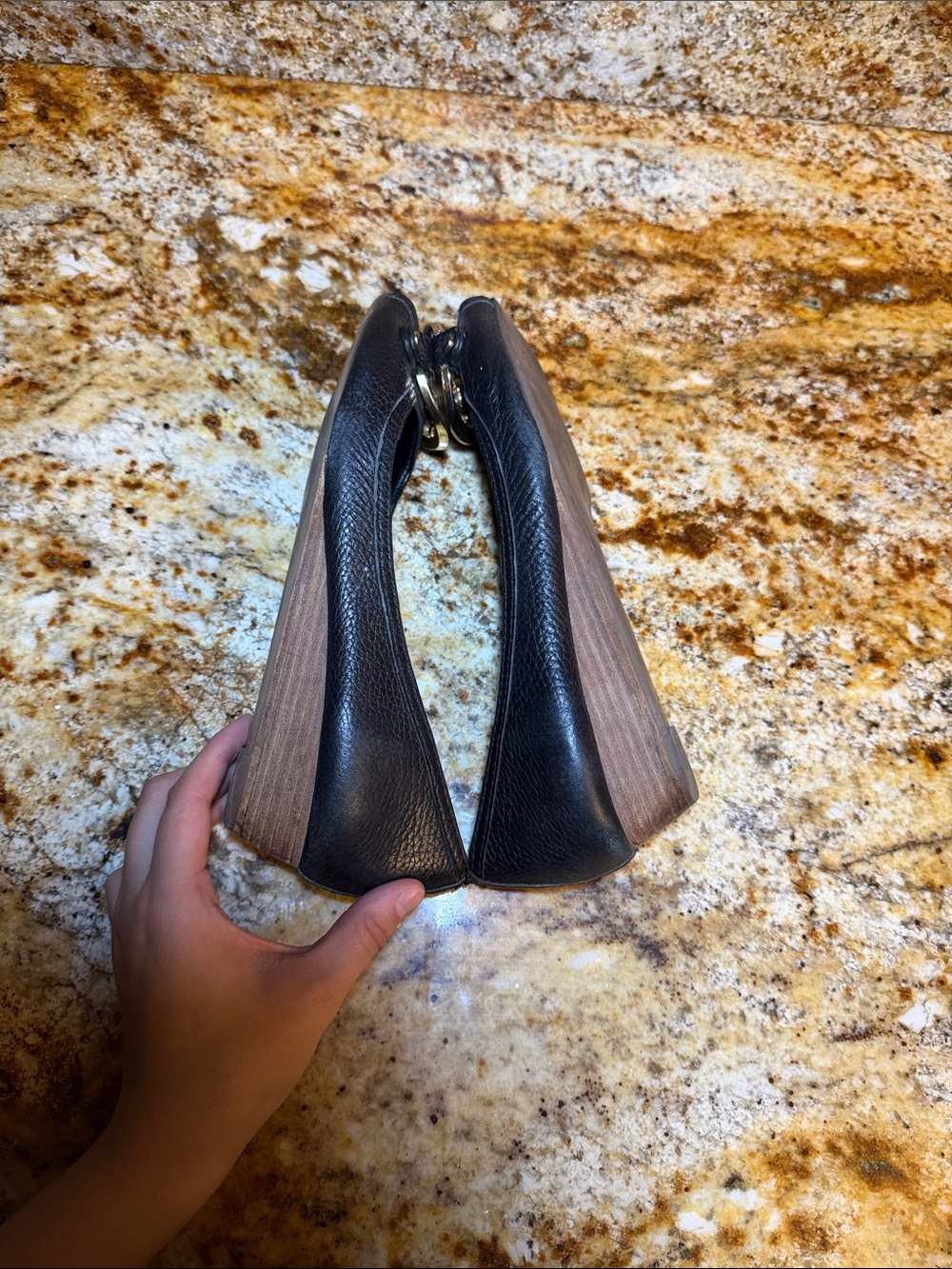 Tory Burch Black Pebbled Leather Peep Toe Wedge Pumps - Picture 9 of 9